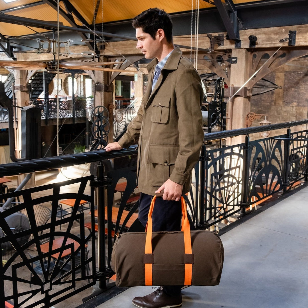 Dufflebag -M- KHAKI with orange strap