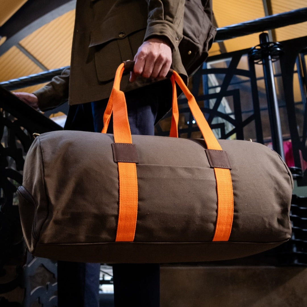 Dufflebag -L- KHAKI with orange strap