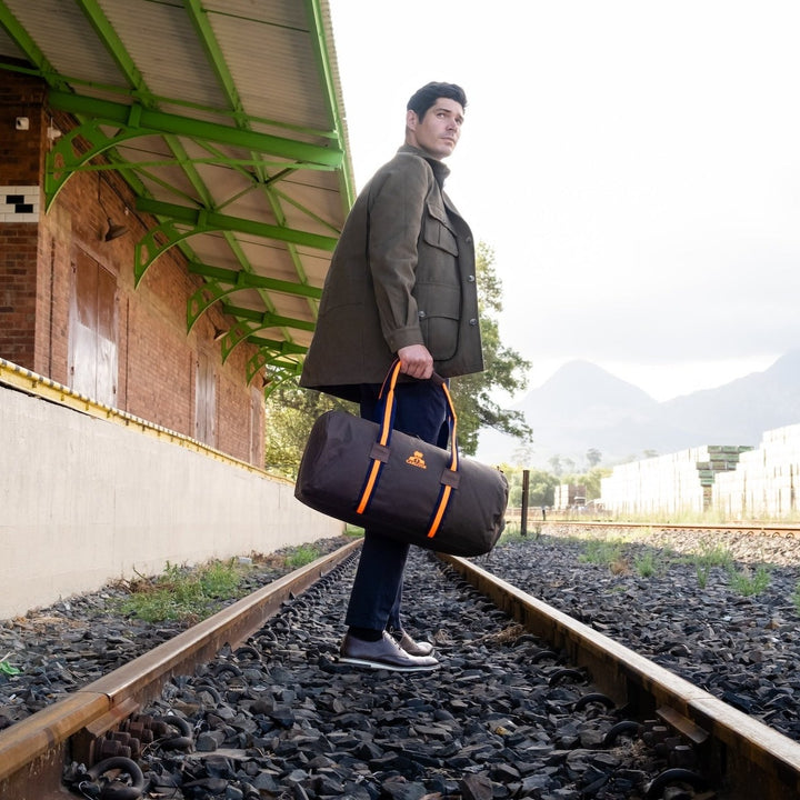 Dufflebag STRIPES KHAKI mit navy& neonorange