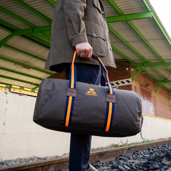 Dufflebag STRIPES KHAKI mit navy& neonorange